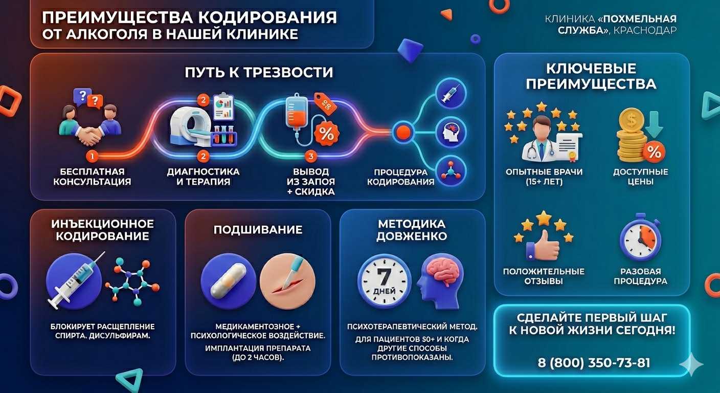 Инфографика о методах кодирования от алкоголя в Иловле: инъекции, подшивание, метод Довженко. Преимущества клиники и этапы лечения.